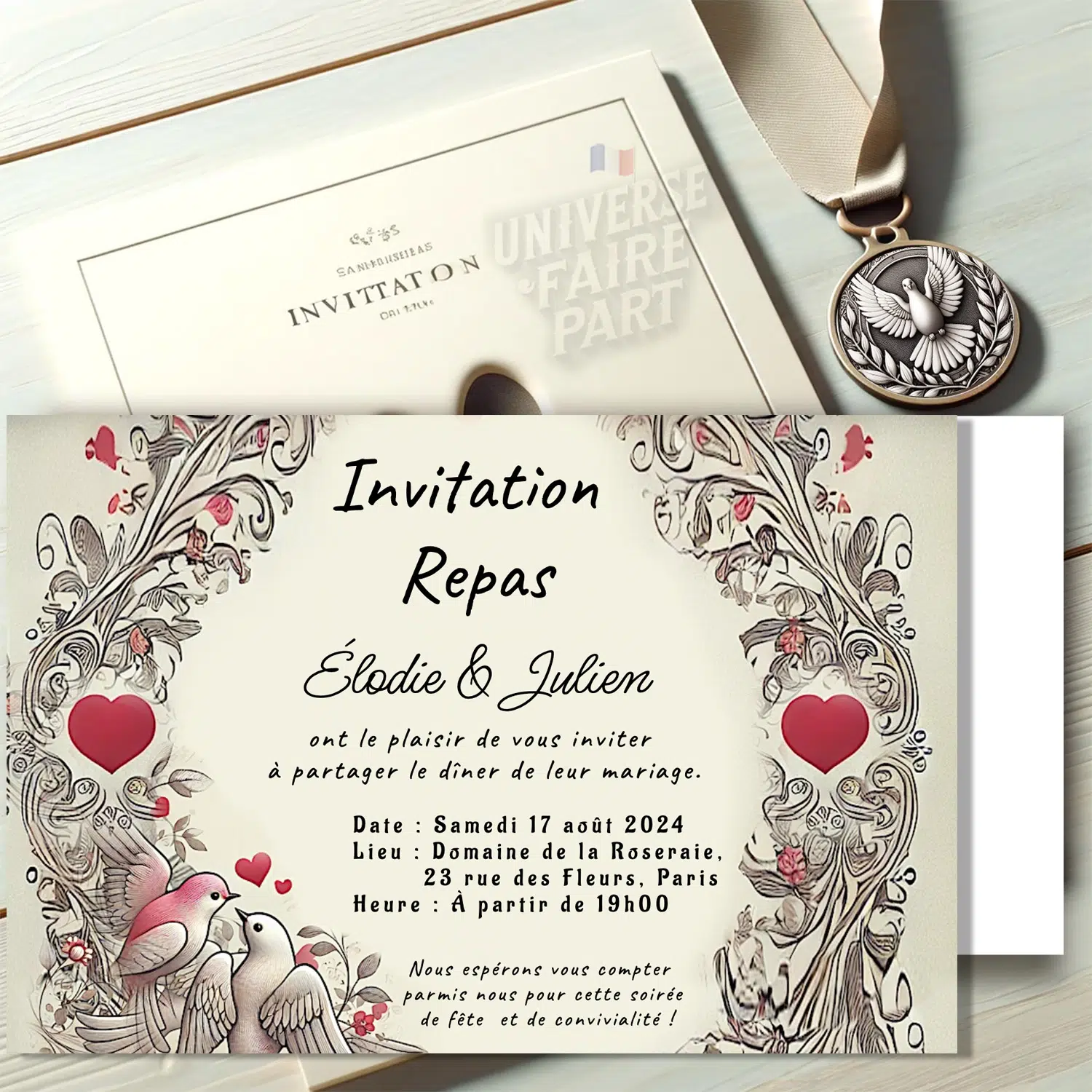 N°233.1 - Carton repas oiseaux coeurs rouge romantique vintage mariage