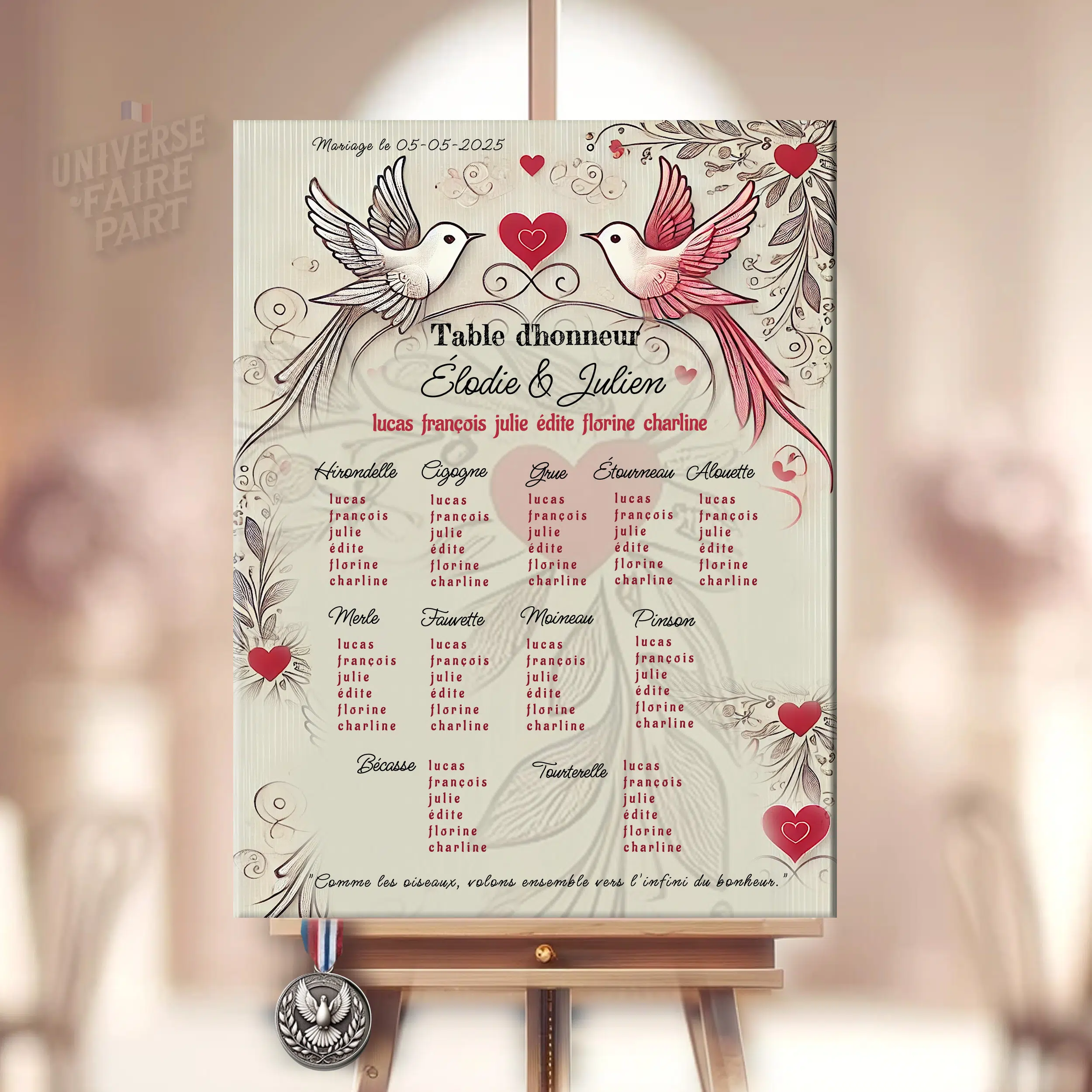 N°233.3 - Plan de table oiseaux coeurs rouge romantique vintage mariage