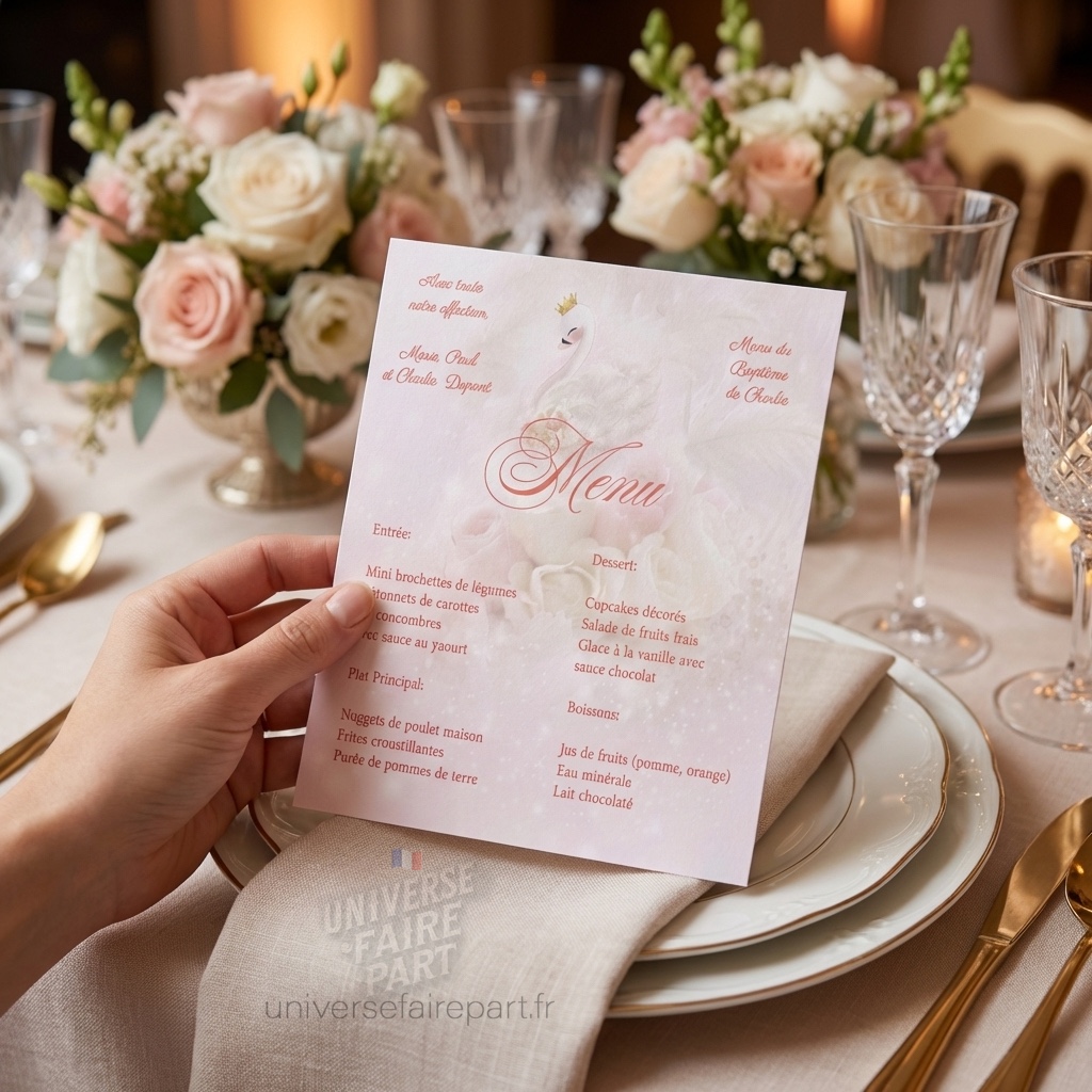 N°389.1 – Menu  invitation Cygne rose poudrée
