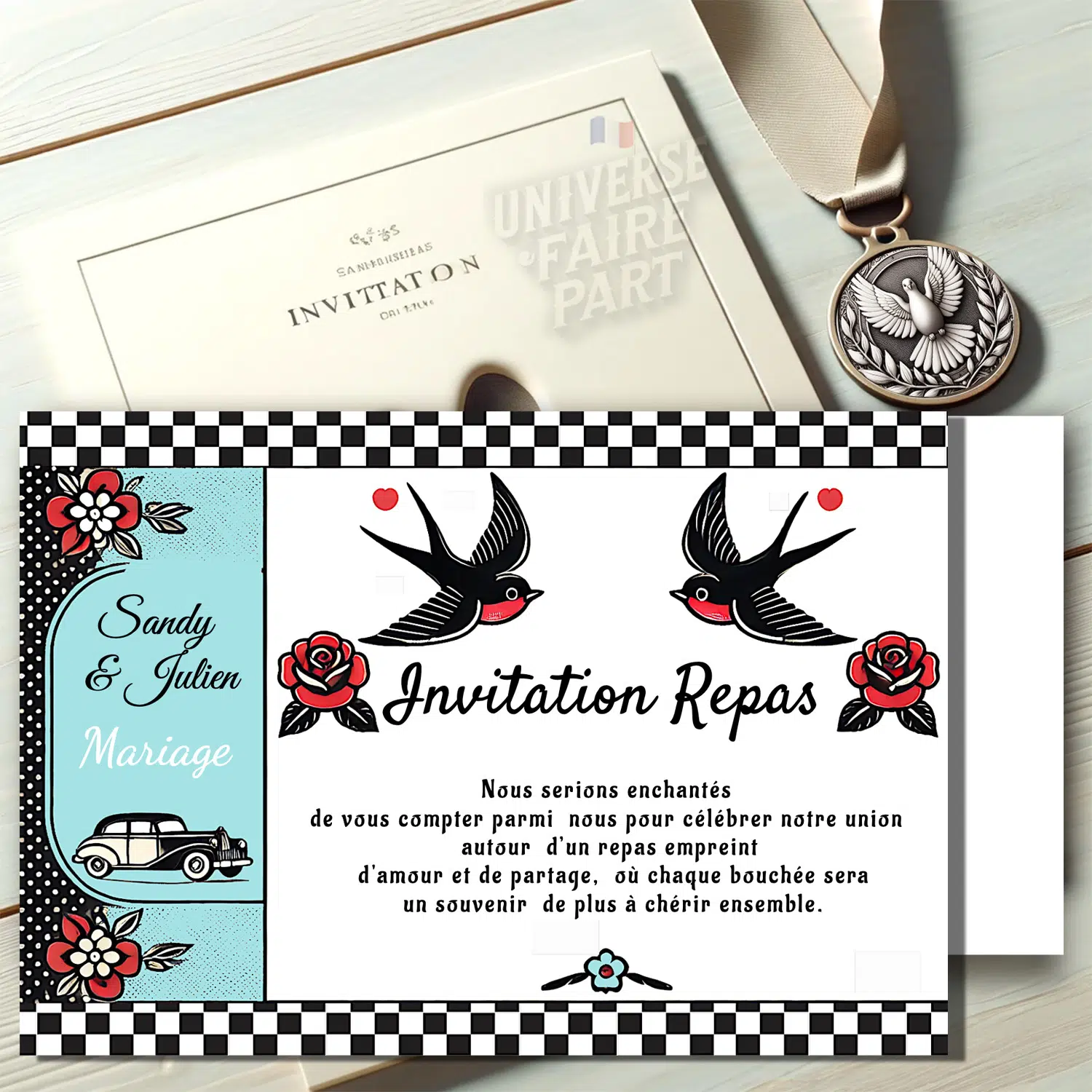 N°269.1 - Carton repas Rockabilly rétro bleu rouge oiseaux colombes Mariage