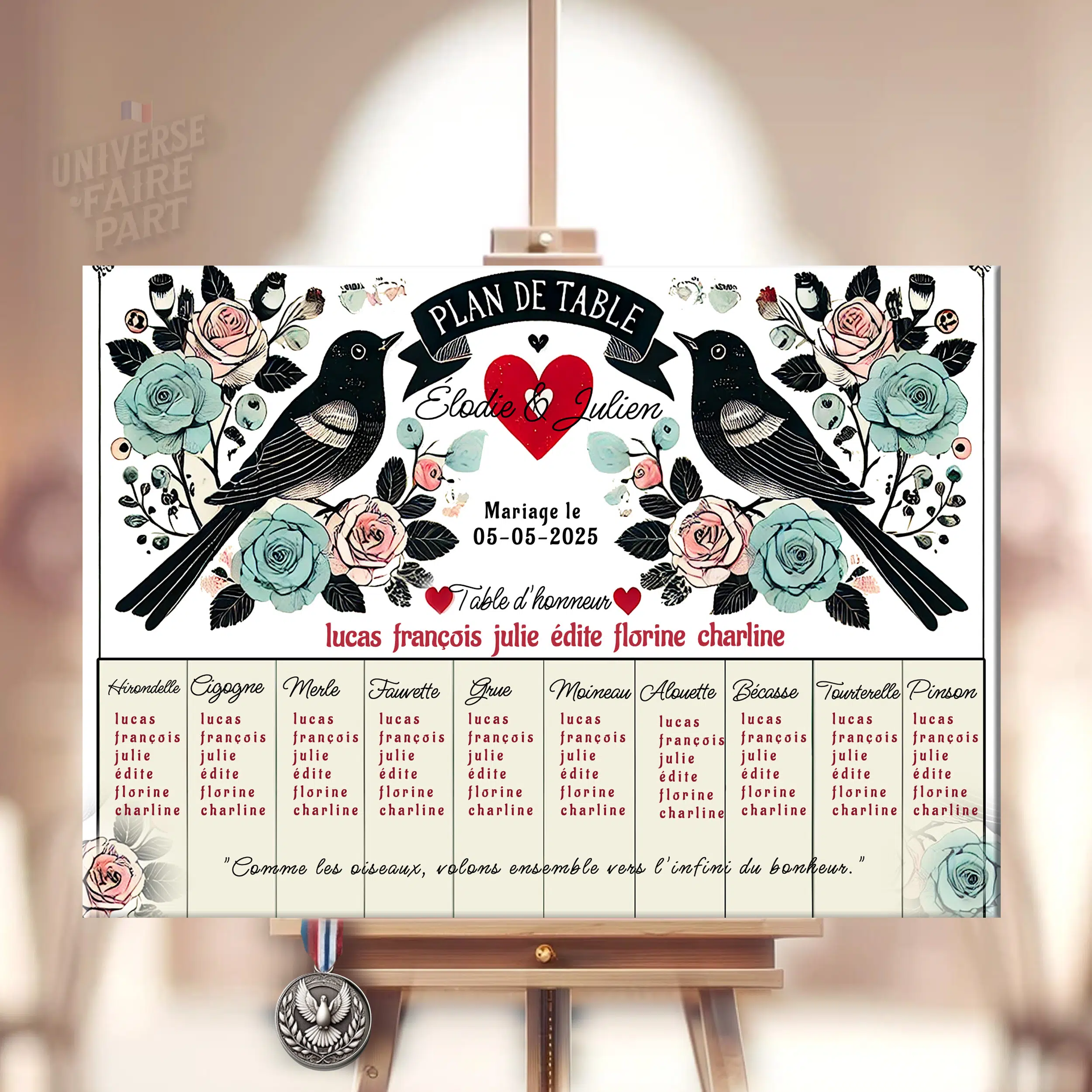 N°269.8 – Plan de table Rockabilly rétro bleu rouge oiseaux colombes Mariage
