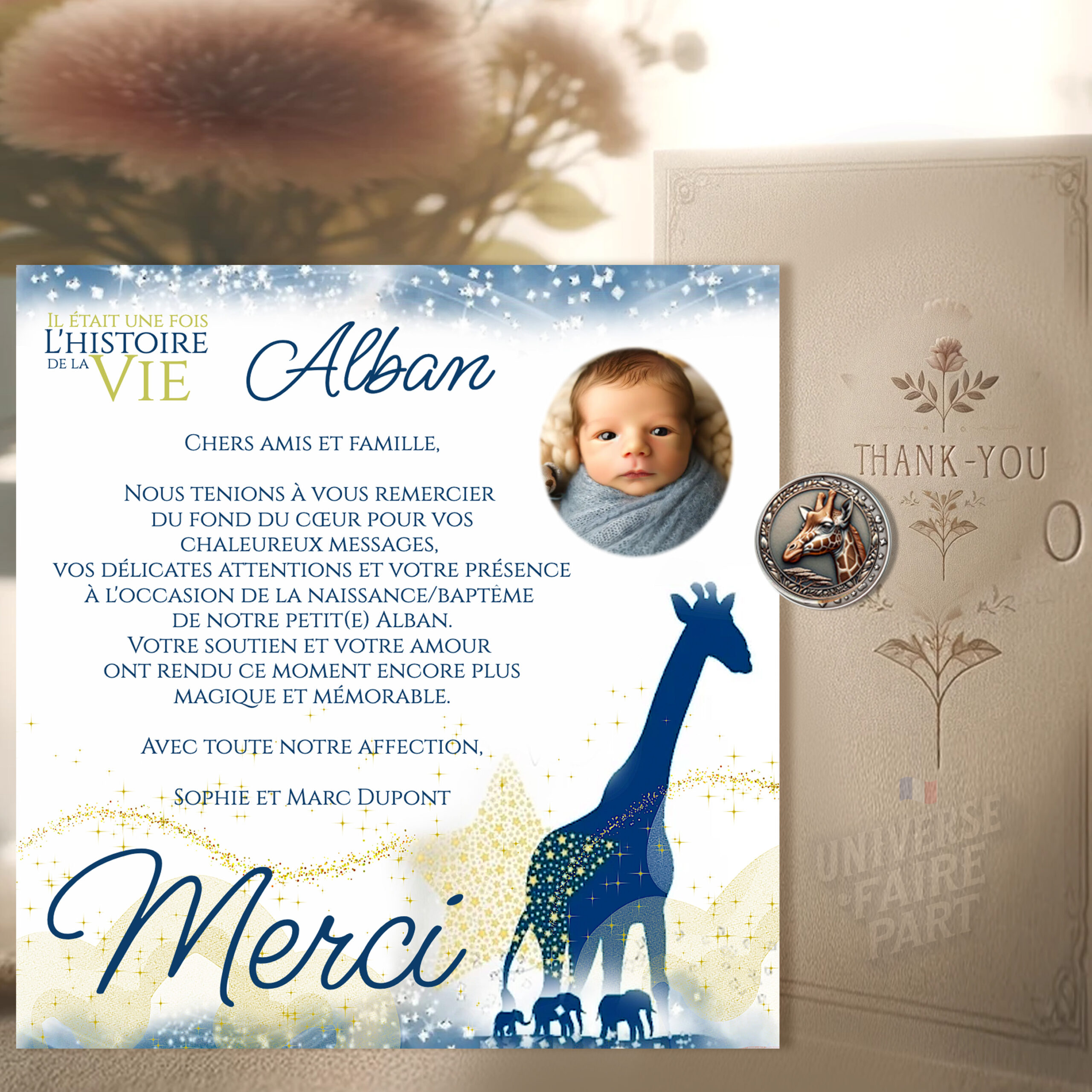 N°335.1 – Carte remerciement invitation bleu roi lion savane Simba girafe