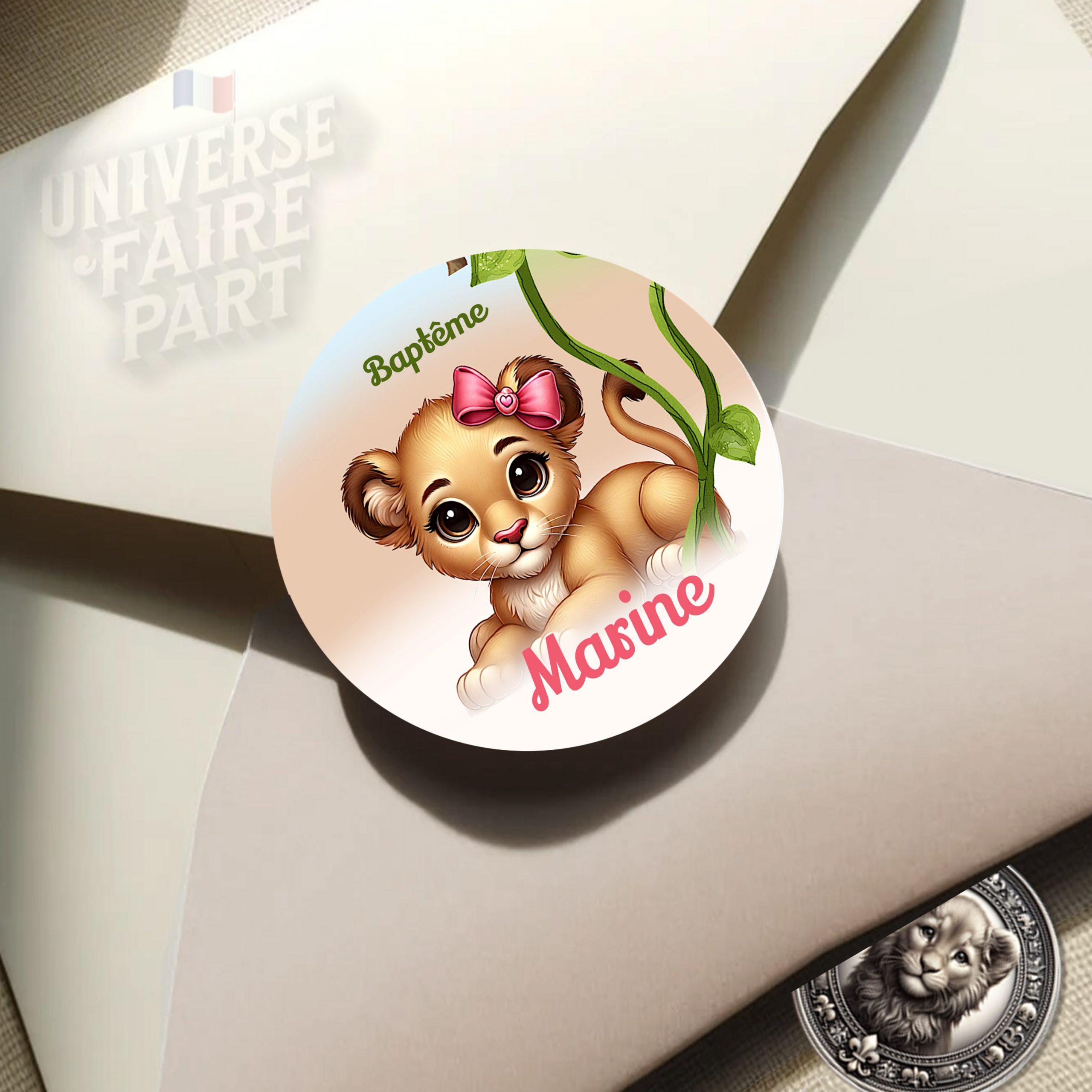 Rond collant invitation petit baby lion lionnes safari Jungle