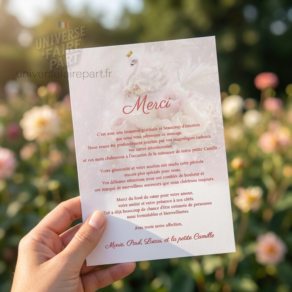 N°389.3 – Carte remerciement invitation Cygne rose poudrée