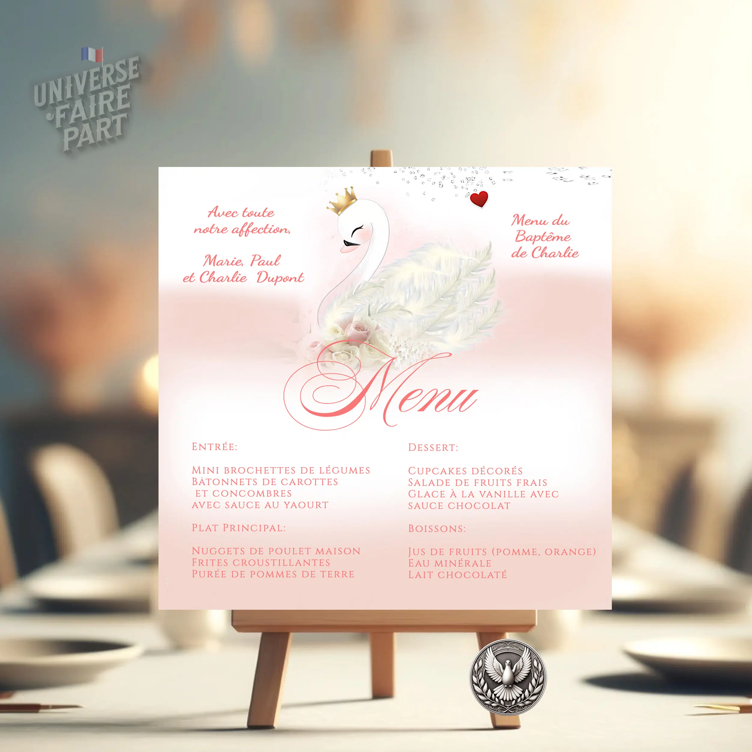 N°389.1 – Menu invitation Cygne rose poudrée