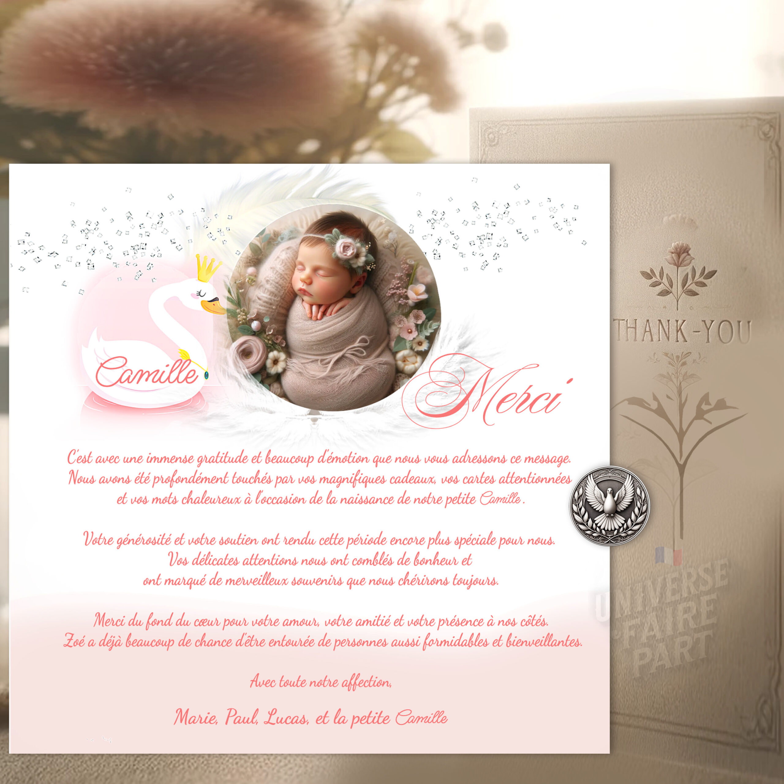 N°389.3 – Carte remerciement invitation Cygne rose poudrée