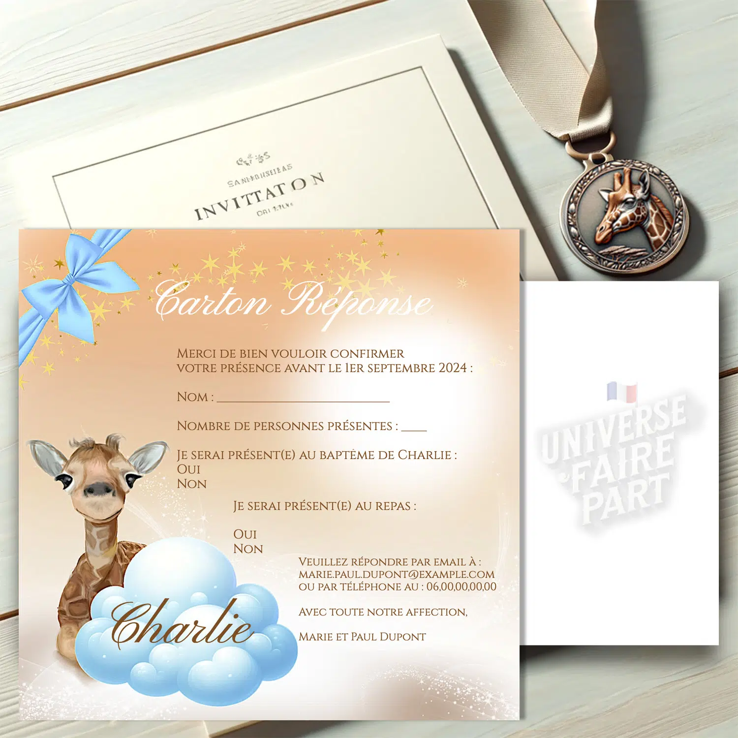 N°396.2 - Carton réponse maman Girafe et girafon Unisexe Baptême