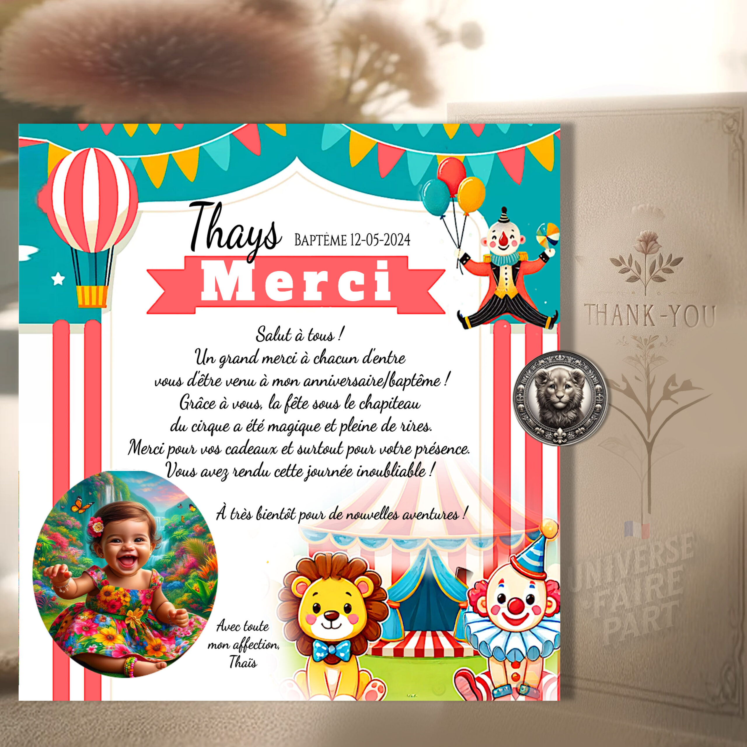 N°4.2- Carte remerciement Original Cirque avec Lion et Clowns