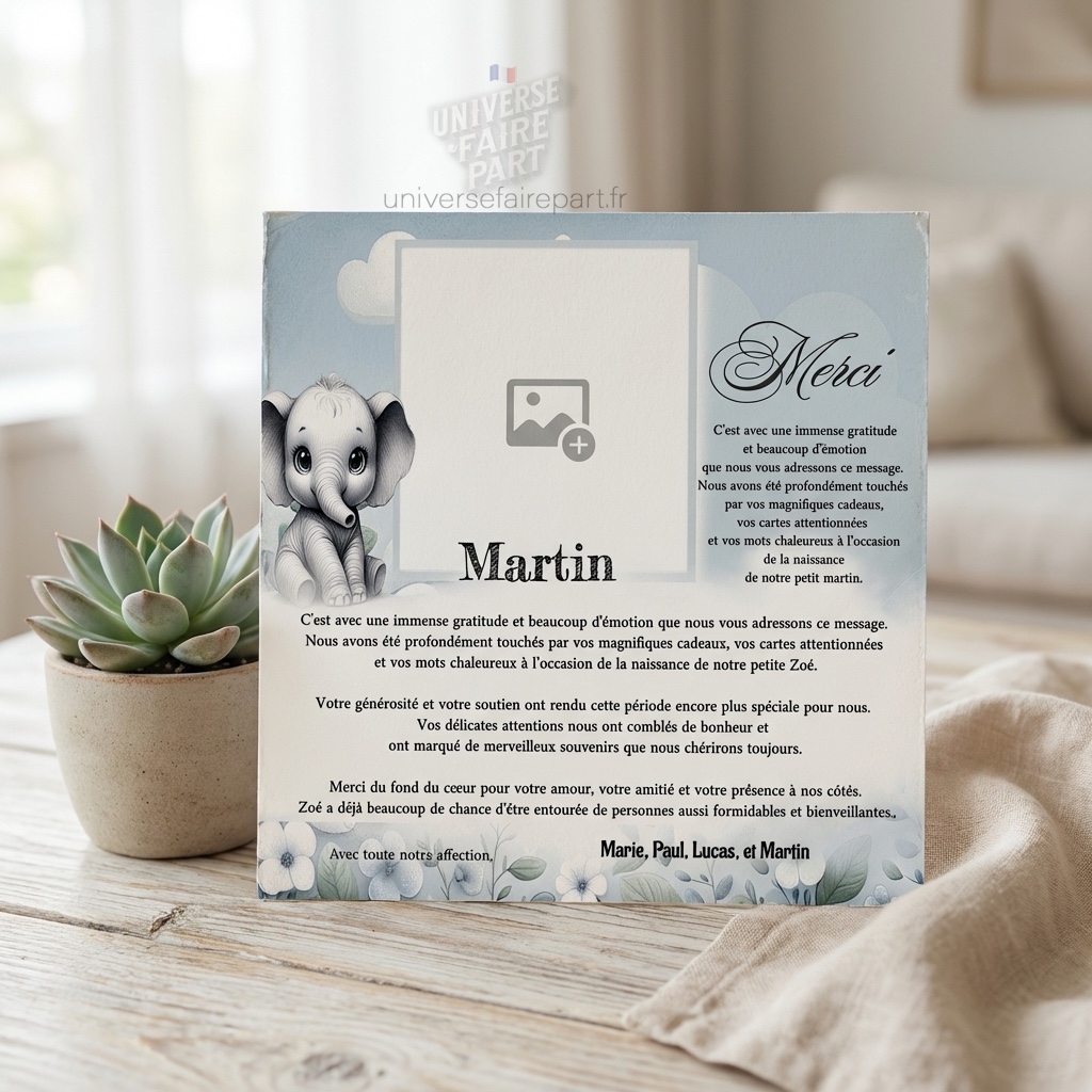 N°329,1 – Carte remerciement Petit éléphant Dumbo bleu et blanc