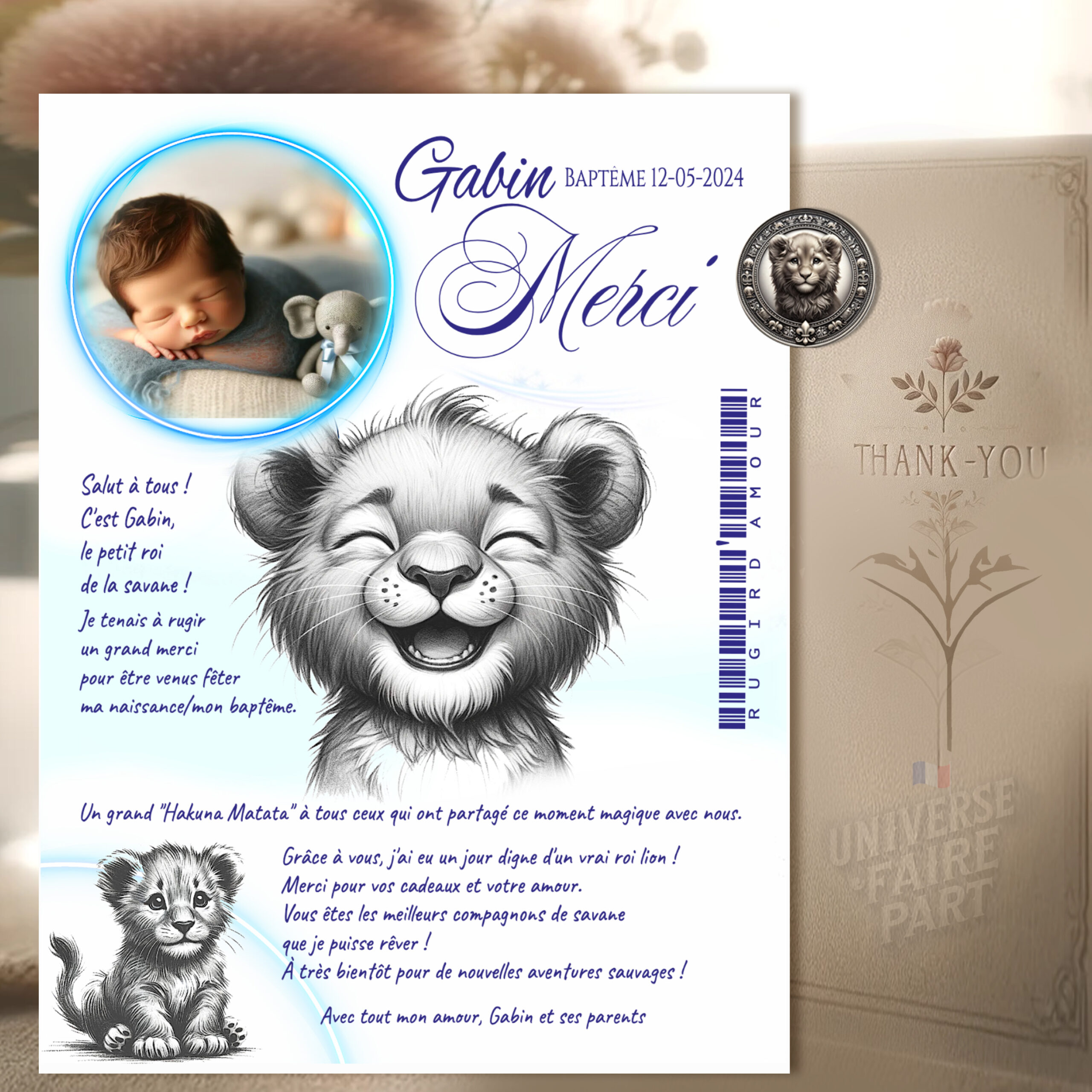 N°534.2- Carte remerciement original Roi Lion crayonné en bleu pour naissance ou Baptême