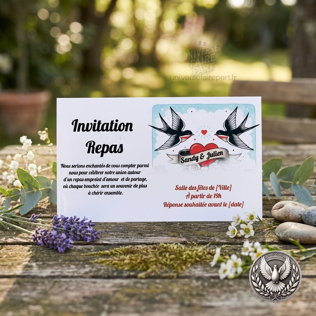 N°269.1 – Carton repas Rockabilly rétro bleu rouge oiseaux colombes Mariage