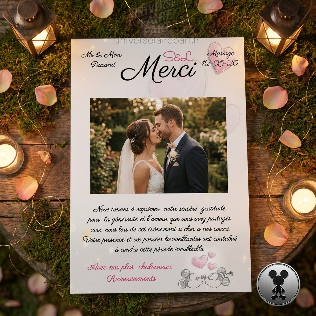 n°103.2 – Carte remerciement de mariage romantique mickey et minnie