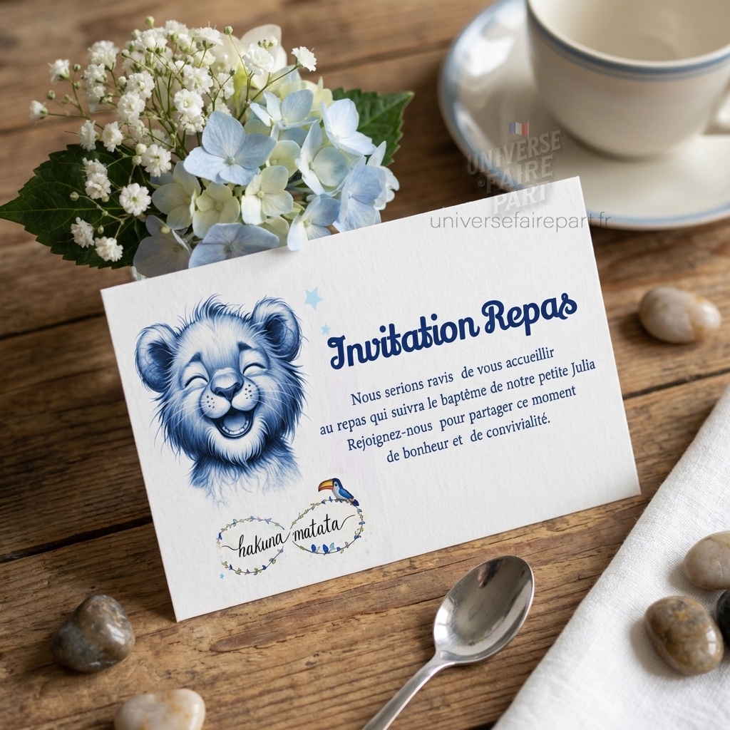 N°534.1- Carton repas original Roi Lion crayonné en bleu  pour naissance ou Baptême