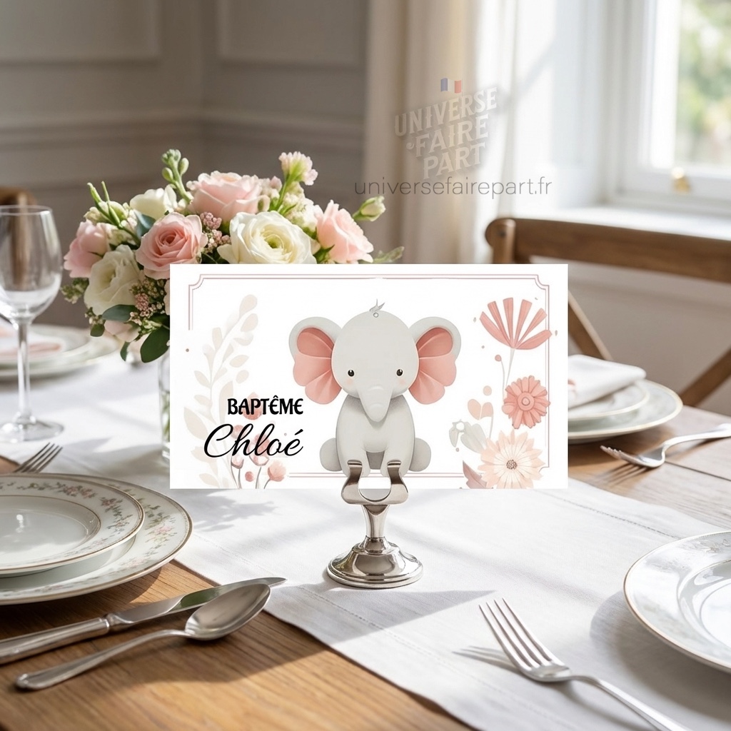 N°124.1 – Porte nom Petit l&rsquo;éléphant Adorable Corail et Blanc