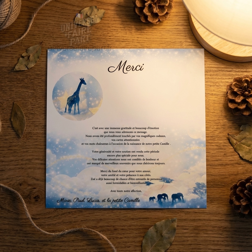 N°335.1 – Carte remerciement invitation bleu roi lion savane Simba girafe
