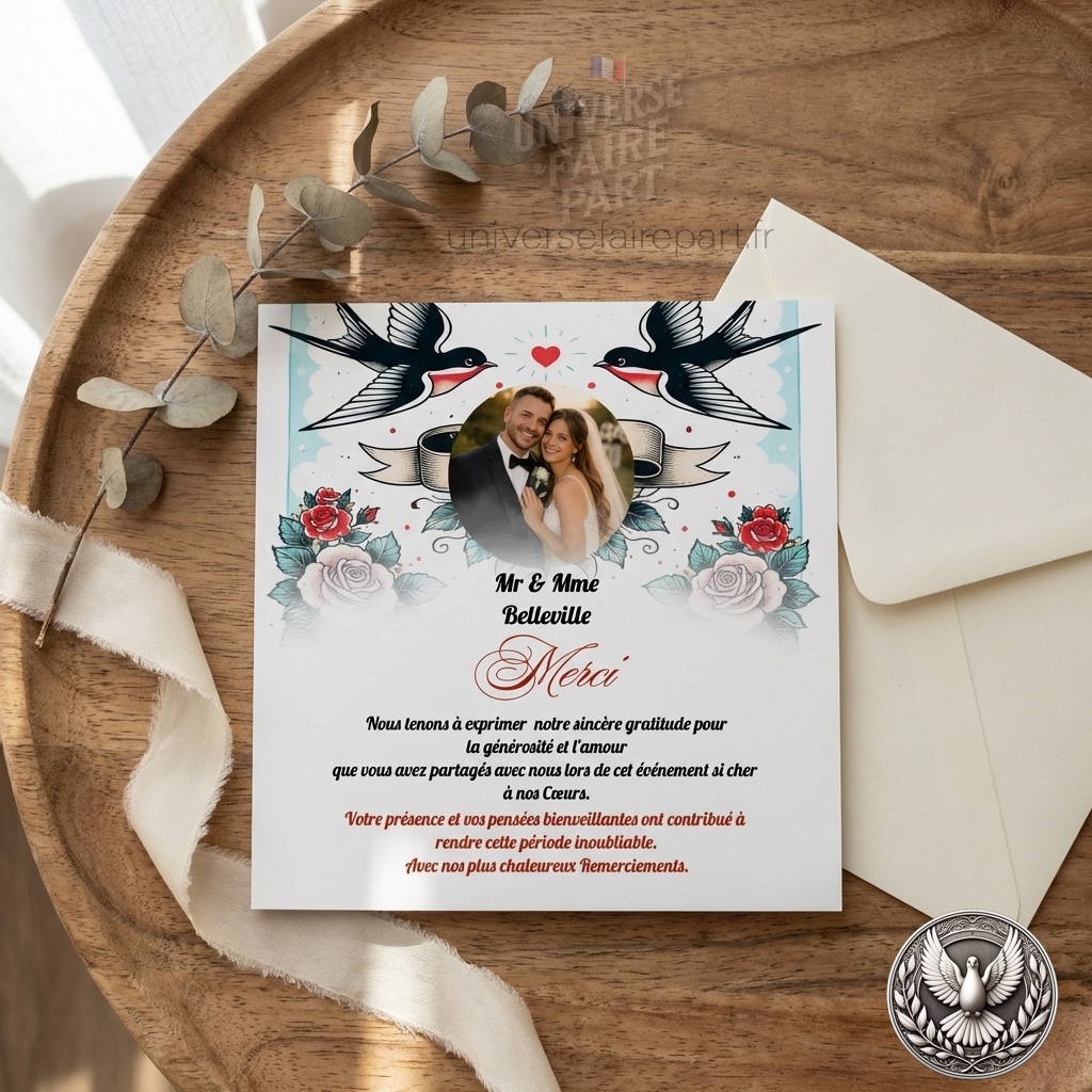 N°269.7 – Carte remerciement Rockabilly rétro colombes Mariage