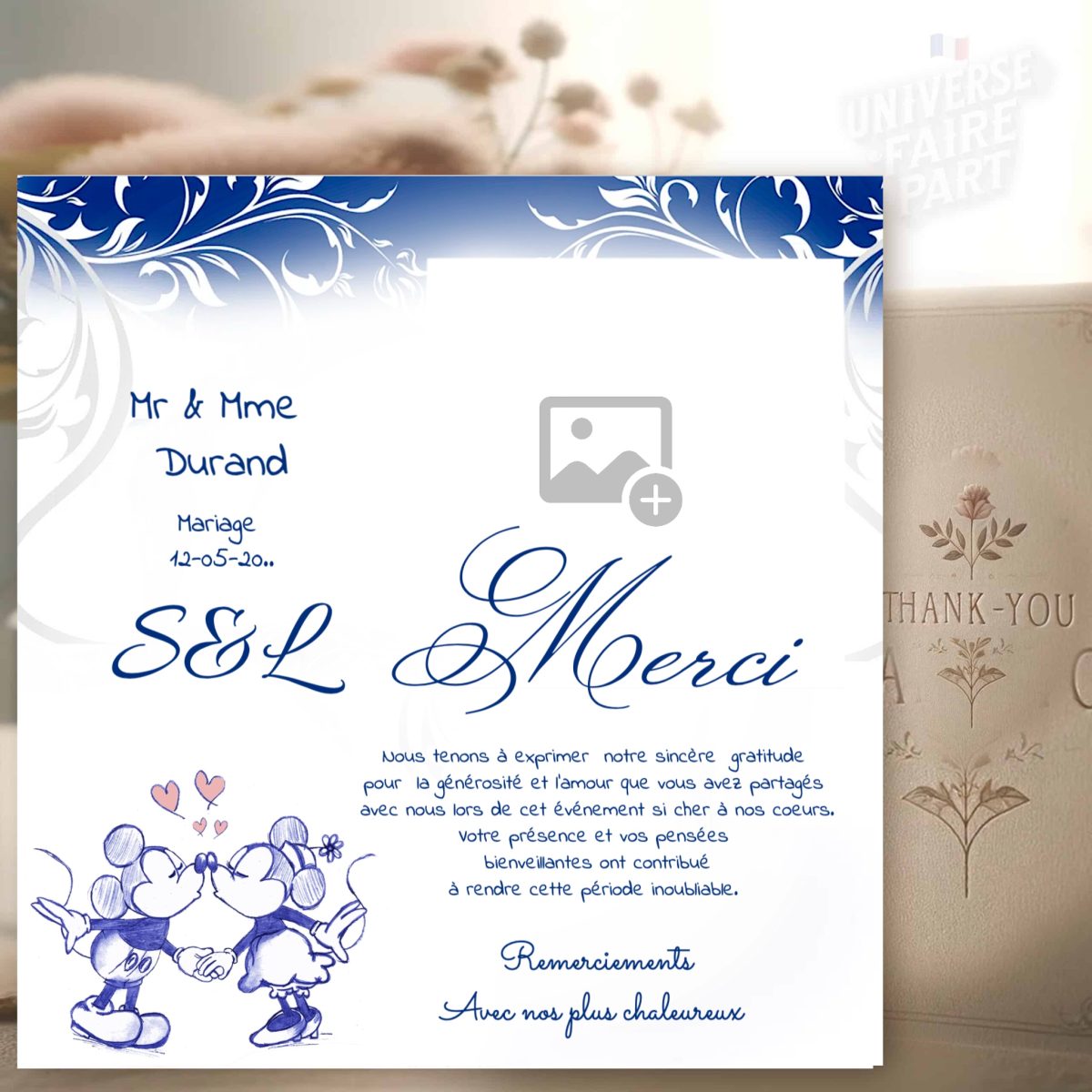 N°97.2 – Carte remerciement Mariage Mickey et Minnie retro 1928