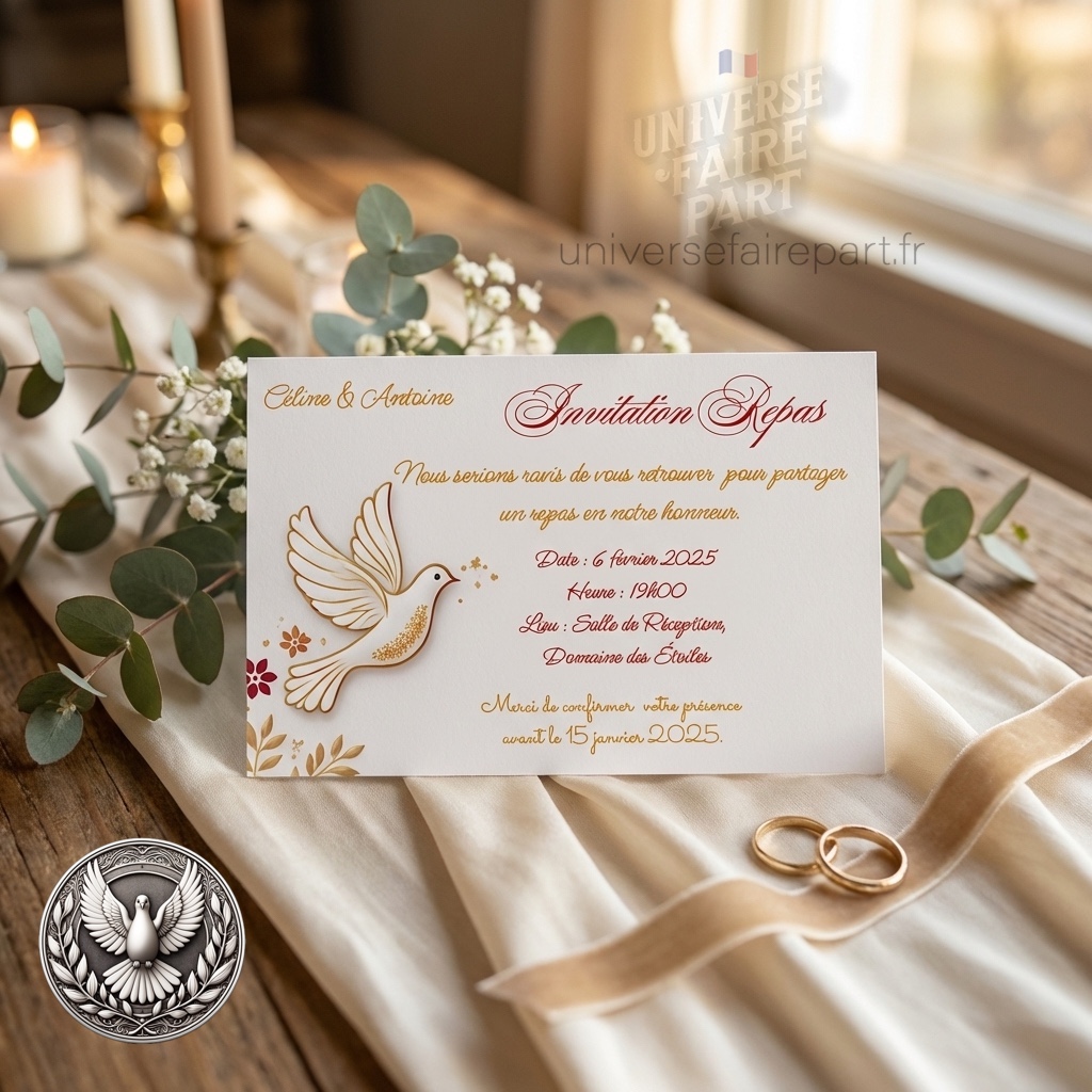 N°426.1 – Carton repas MARIAGE Romantique Rouge Colombe symbolique