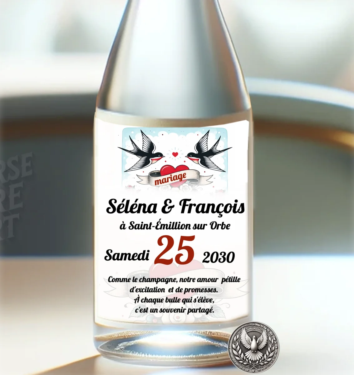 N°269.5 – Étiquette bouteille Rockabilly colombes Mariage