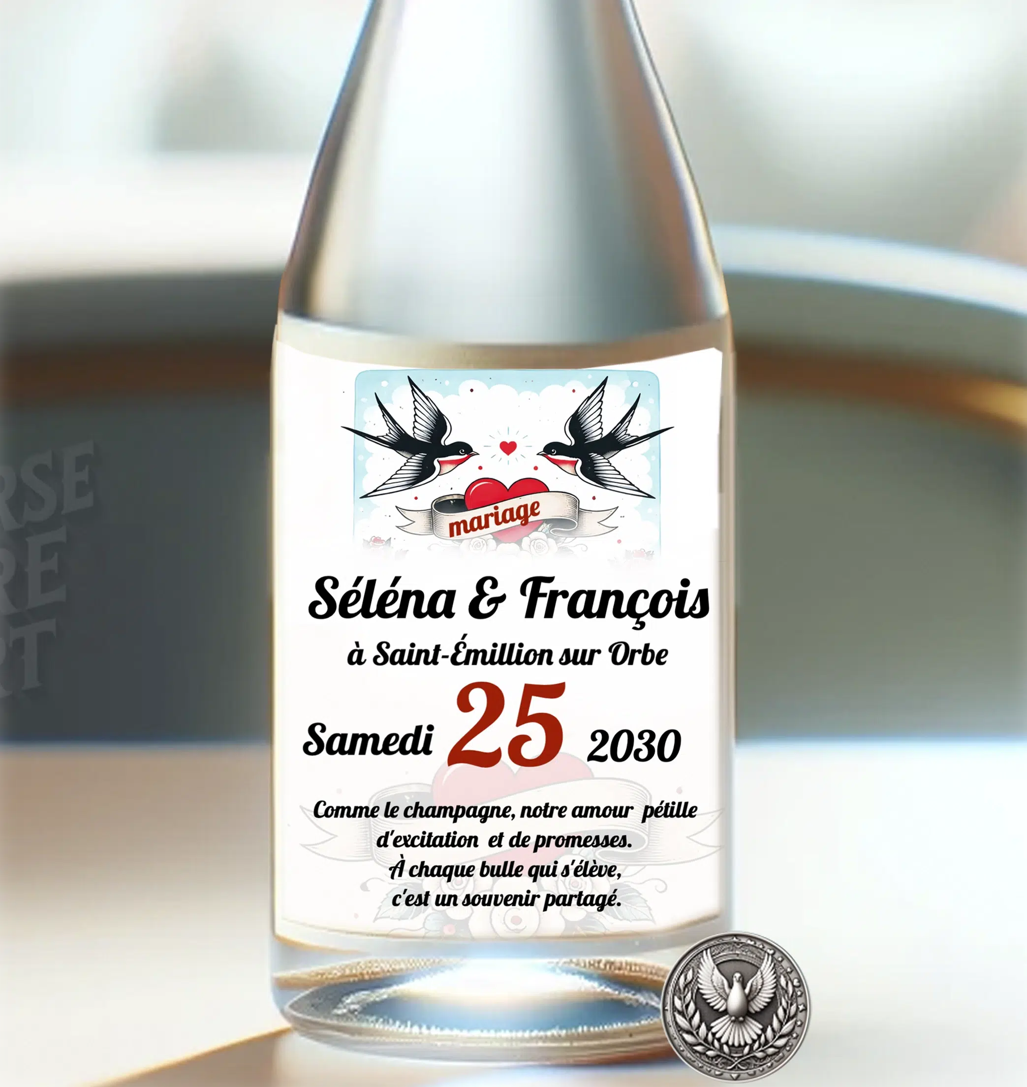 N°269.5 – Étiquette bouteille Rockabilly colombes Mariage
