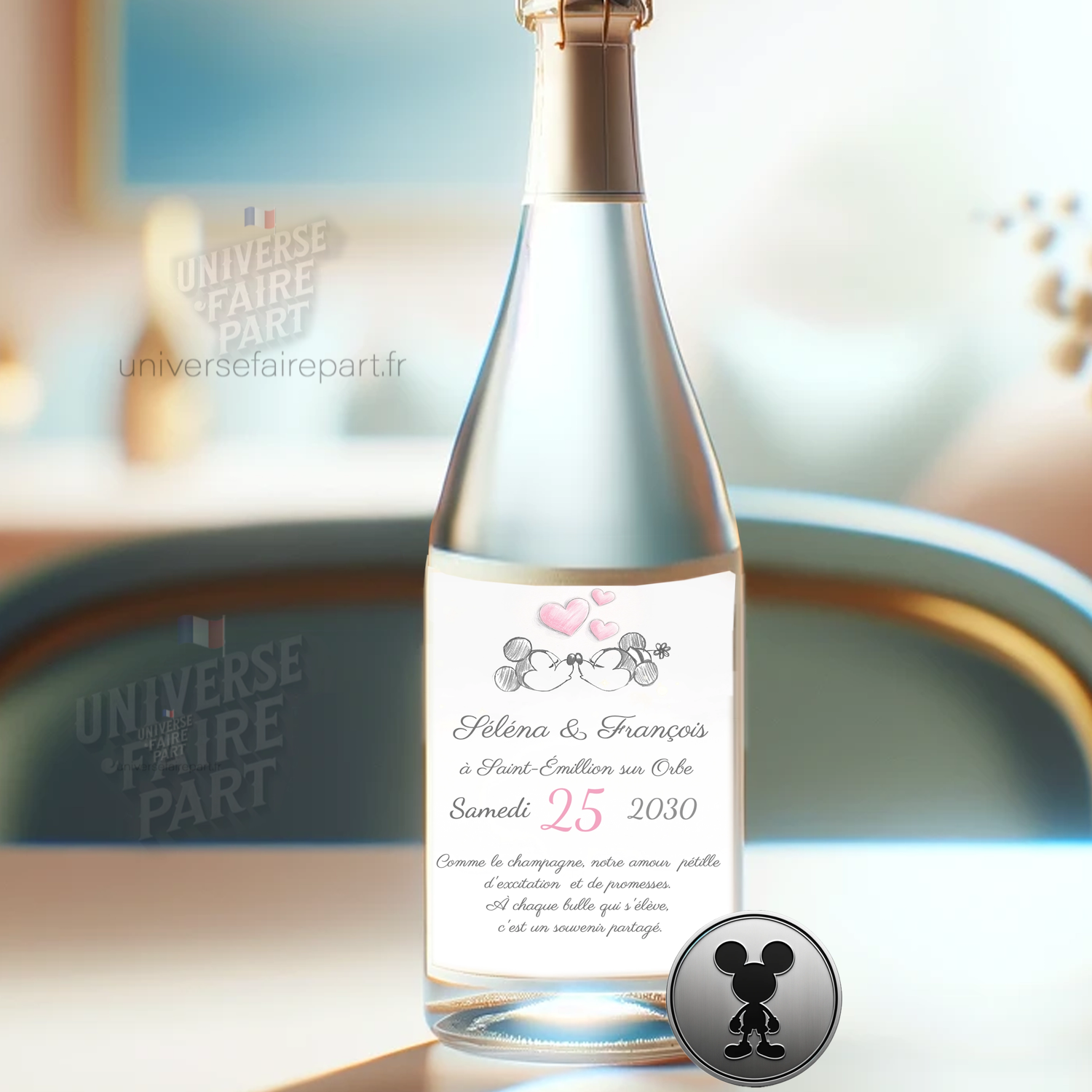 n°103.3 – Étiquette bouteille de mariage romantique mickey et minnie