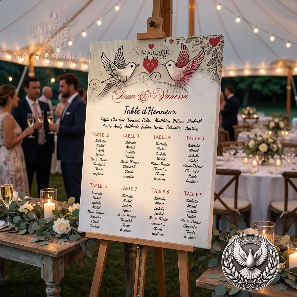 N°233.3 – Plan de table oiseaux coeurs rouge romantique vintage mariage