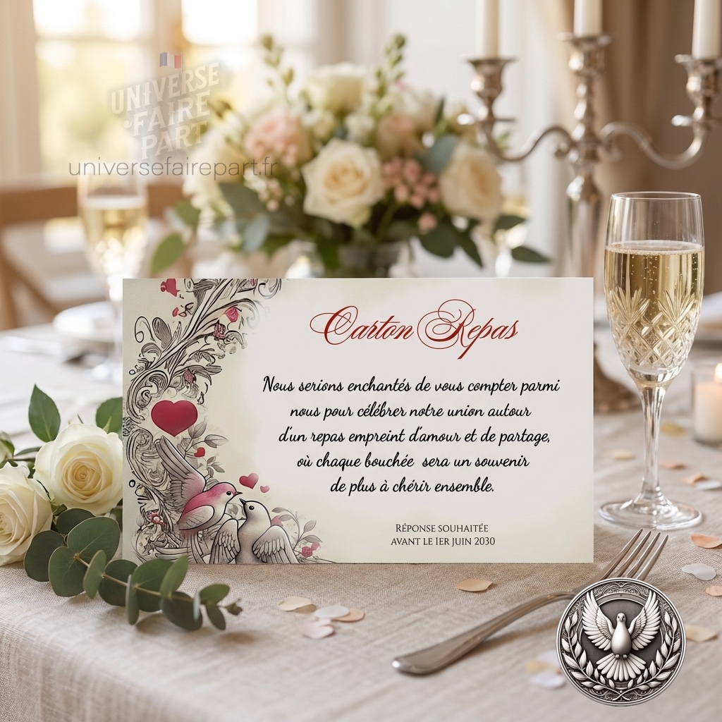 N°233.1 – Carton repas oiseaux coeurs rouge romantique vintage mariage