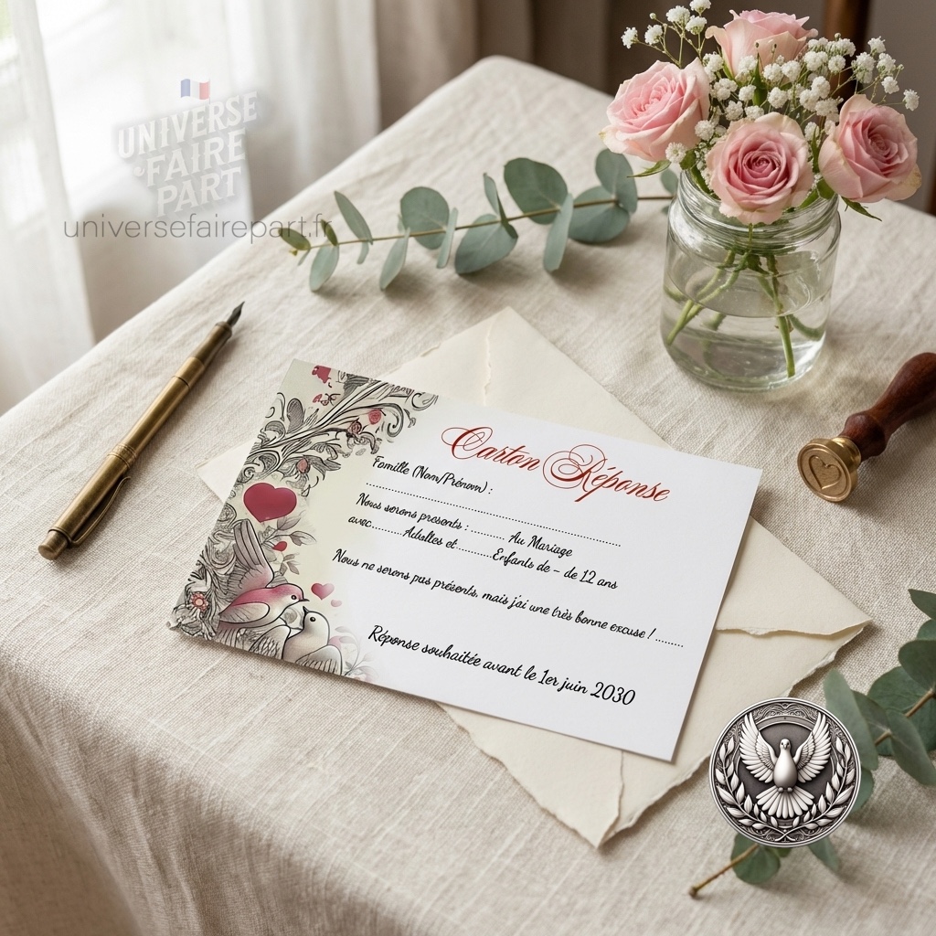 N°233.2 – Carton réponse oiseaux coeurs rouge romantique vintage mariage