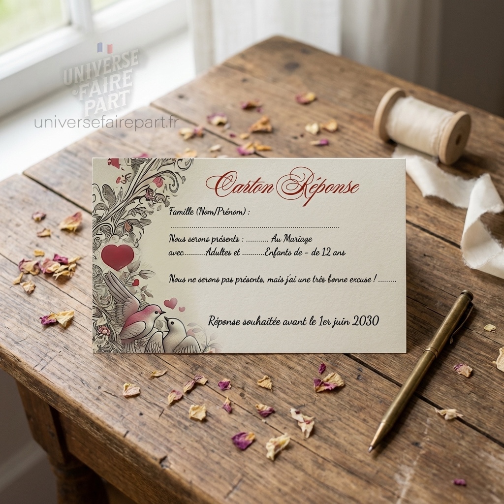 N°233.2 - Carton réponse oiseaux coeurs rouge romantique vintage mariage