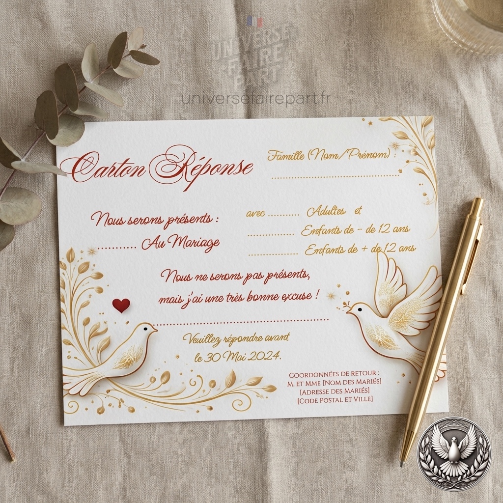N°426.2 – Carton réponse Mariage Romantique Rouge Colombe symbolique