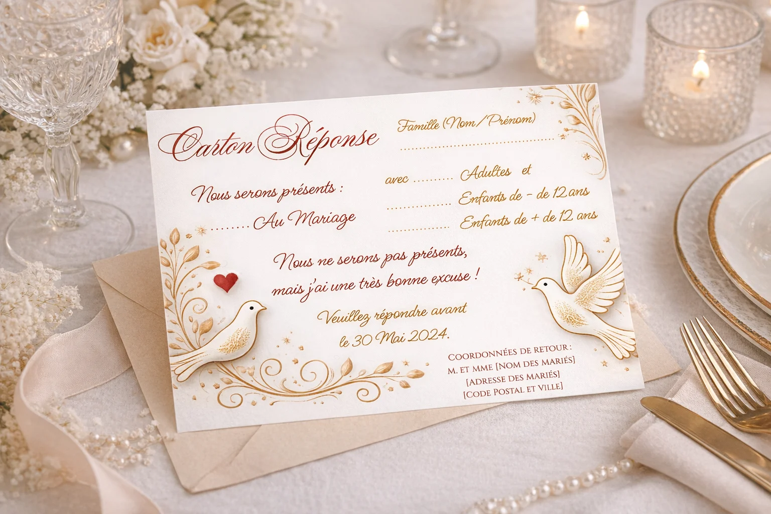 N°426.2 – Carton réponse Mariage Romantique Rouge Colombe symbolique