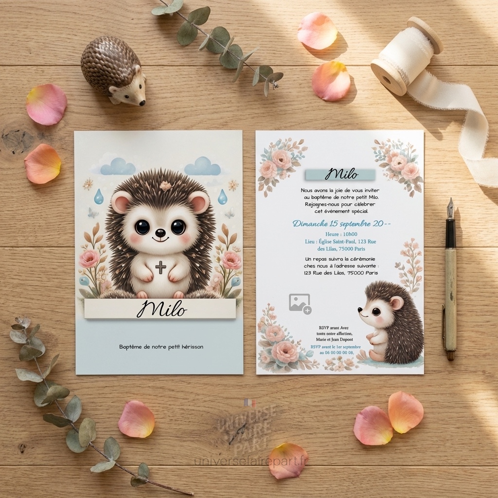 N°562 – Faire-part Garçonnet Baptême ou naissance petit Hérisson d&rsquo;amour