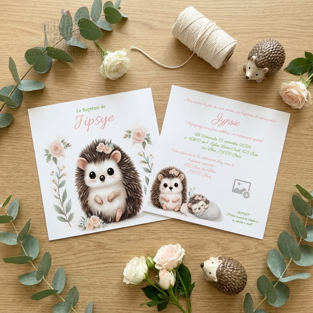 N°561 – Faire-part Fillette Baptême petite Hérissonne d&rsquo;amour