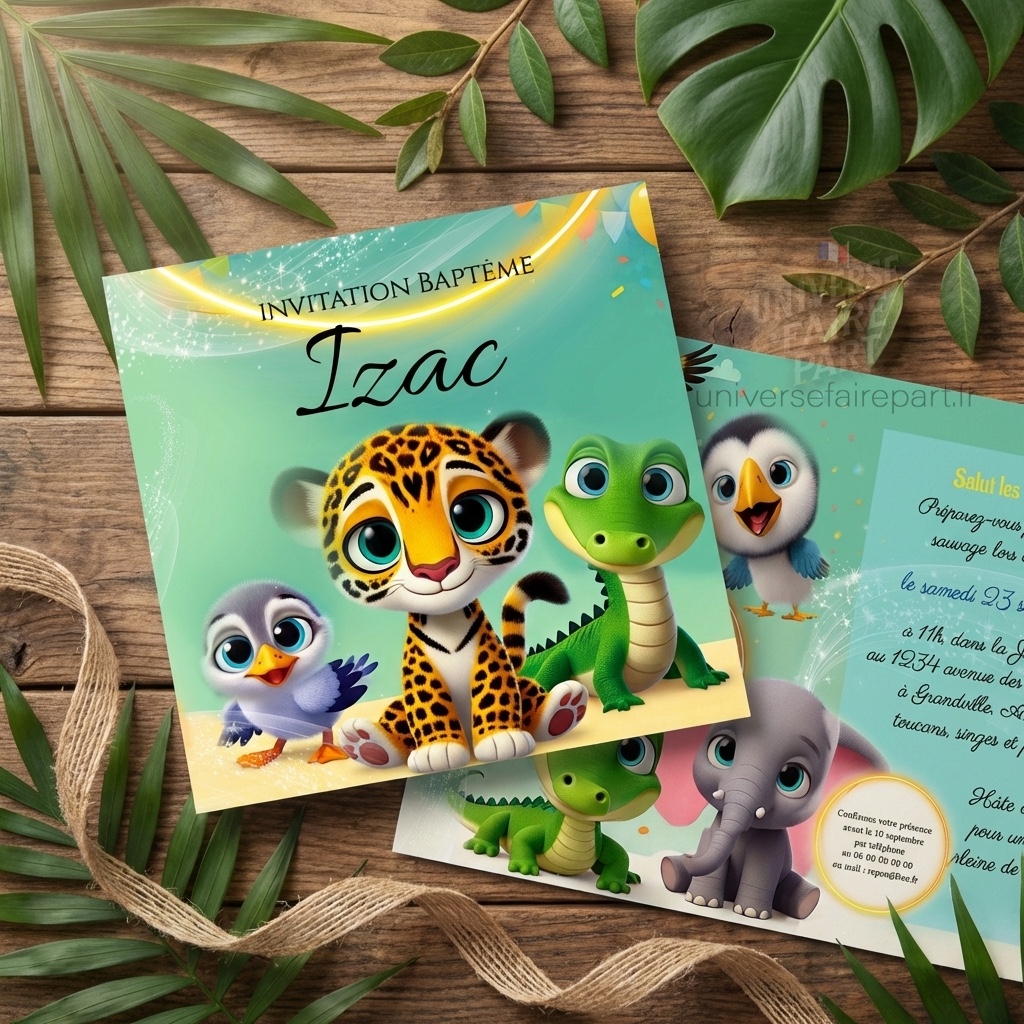 N°567- Faire-part Explorons la Jungle pour mon Baptême PREMIUM