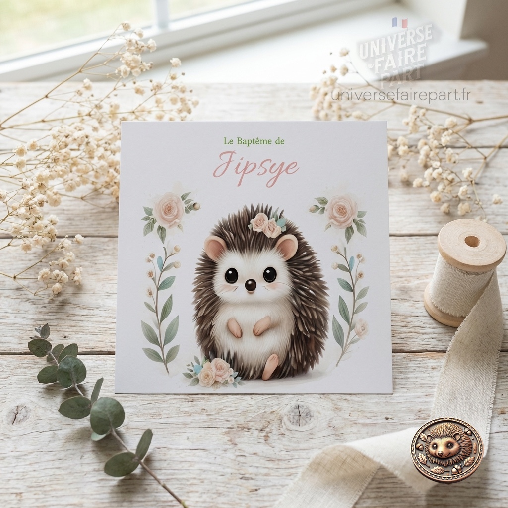 N°561 – Faire-part Fillette Baptême petite Hérissonne d&rsquo;amour