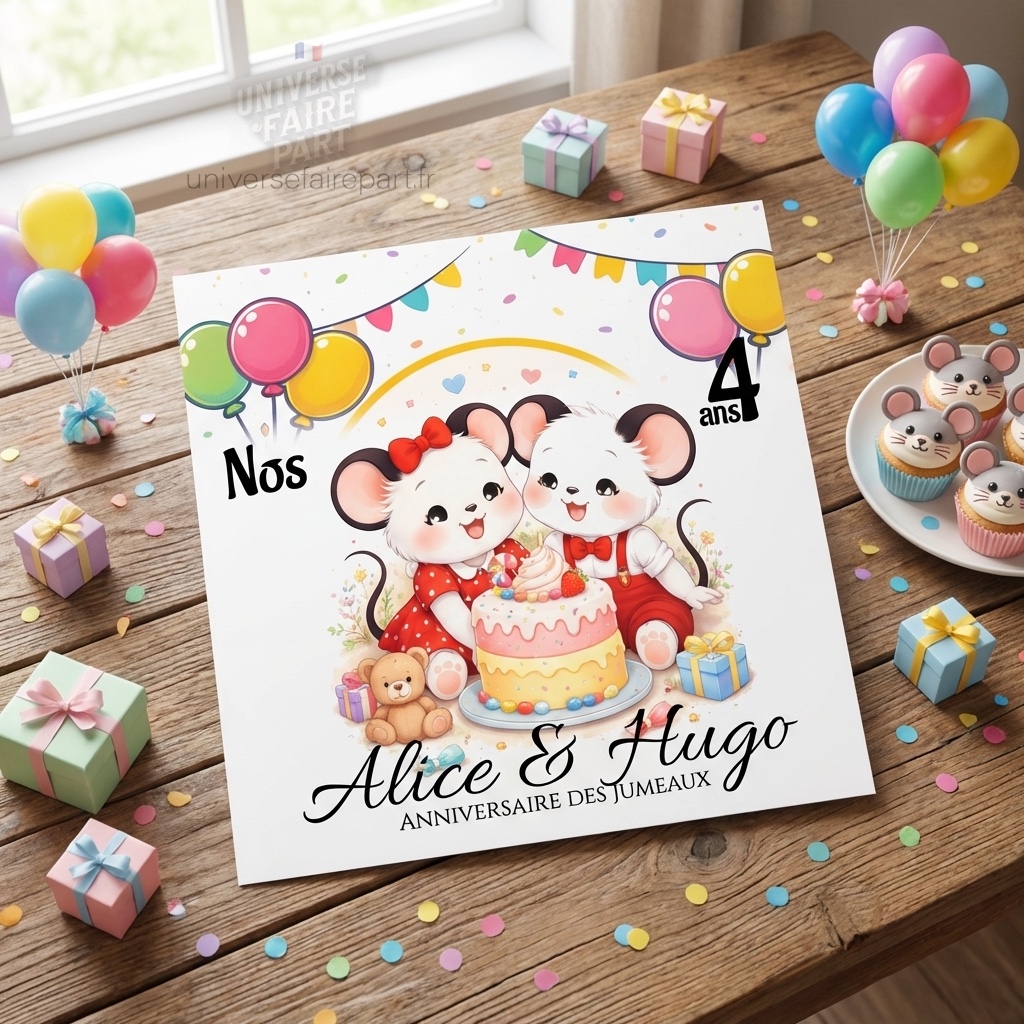 N°563- Faire-part naissance ou anniversaire pour jumeaux mickey & Minnie baby