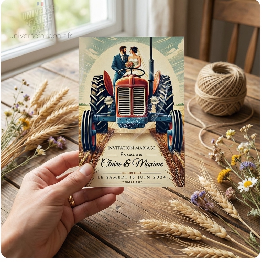 N°570 – Faire-part  Mariage Champêtre Tracteur et agriculteurs