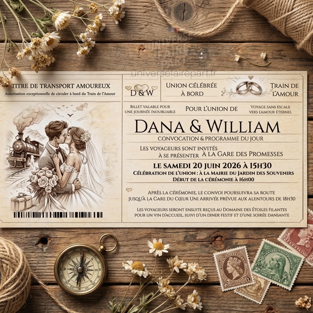N°572 – Faire-part Embarquement pour Toujours billet de train mariage