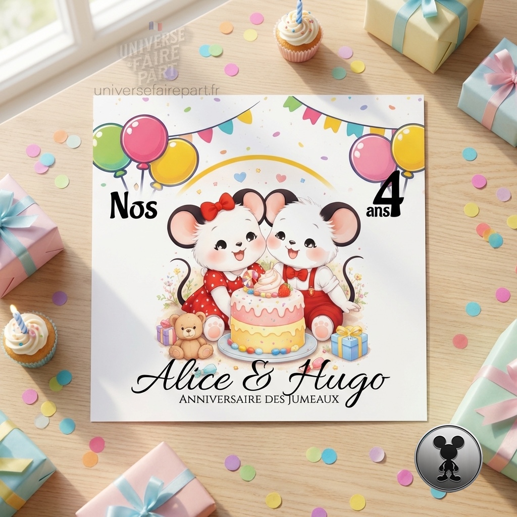 N°563- Faire-part  naissance ou anniversaire pour jumeaux mickey & Minnie baby