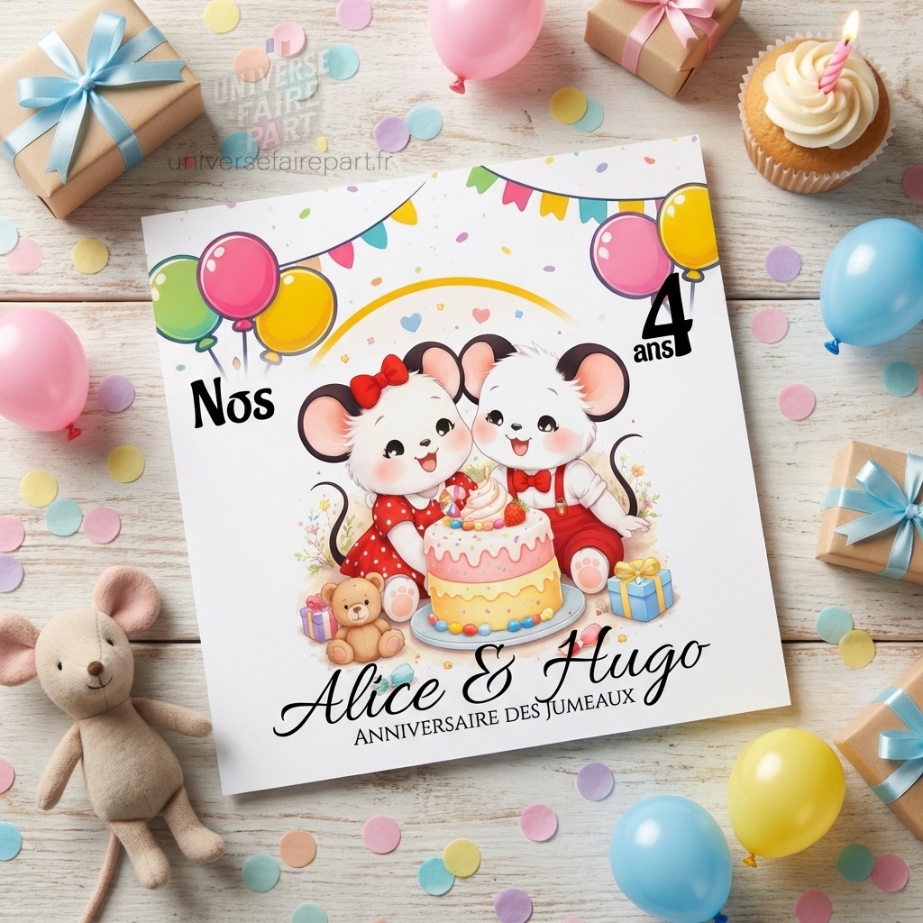 N°563- Faire-part naissance ou anniversaire pour jumeaux mickey & Minnie baby