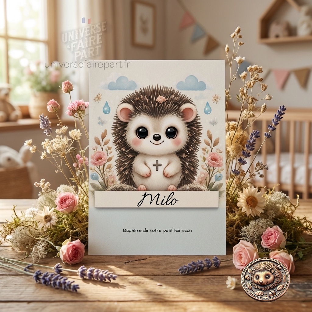 N°562 – Faire-part Garçonnet Baptême ou naissance petit Hérisson d&rsquo;amour