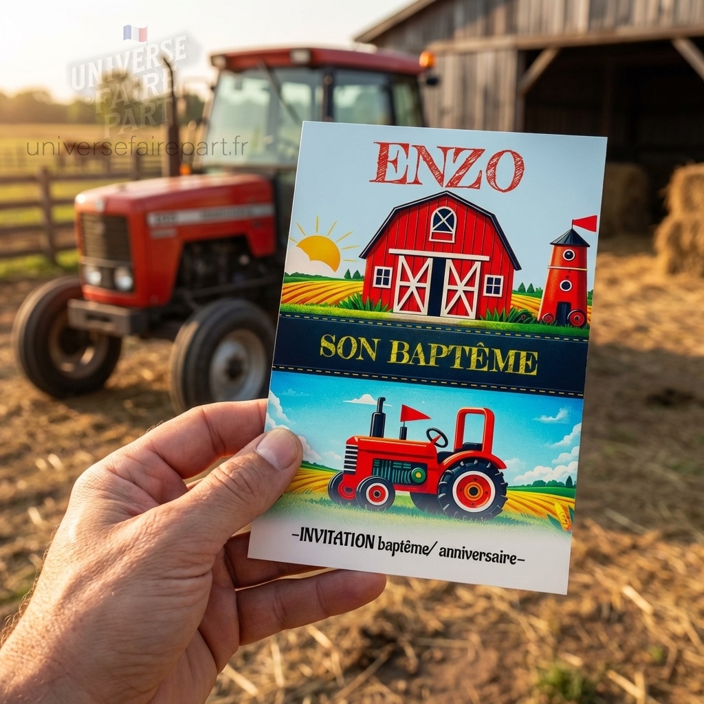 N°559 – Faire-part invitation à la ferme tracteur rouge