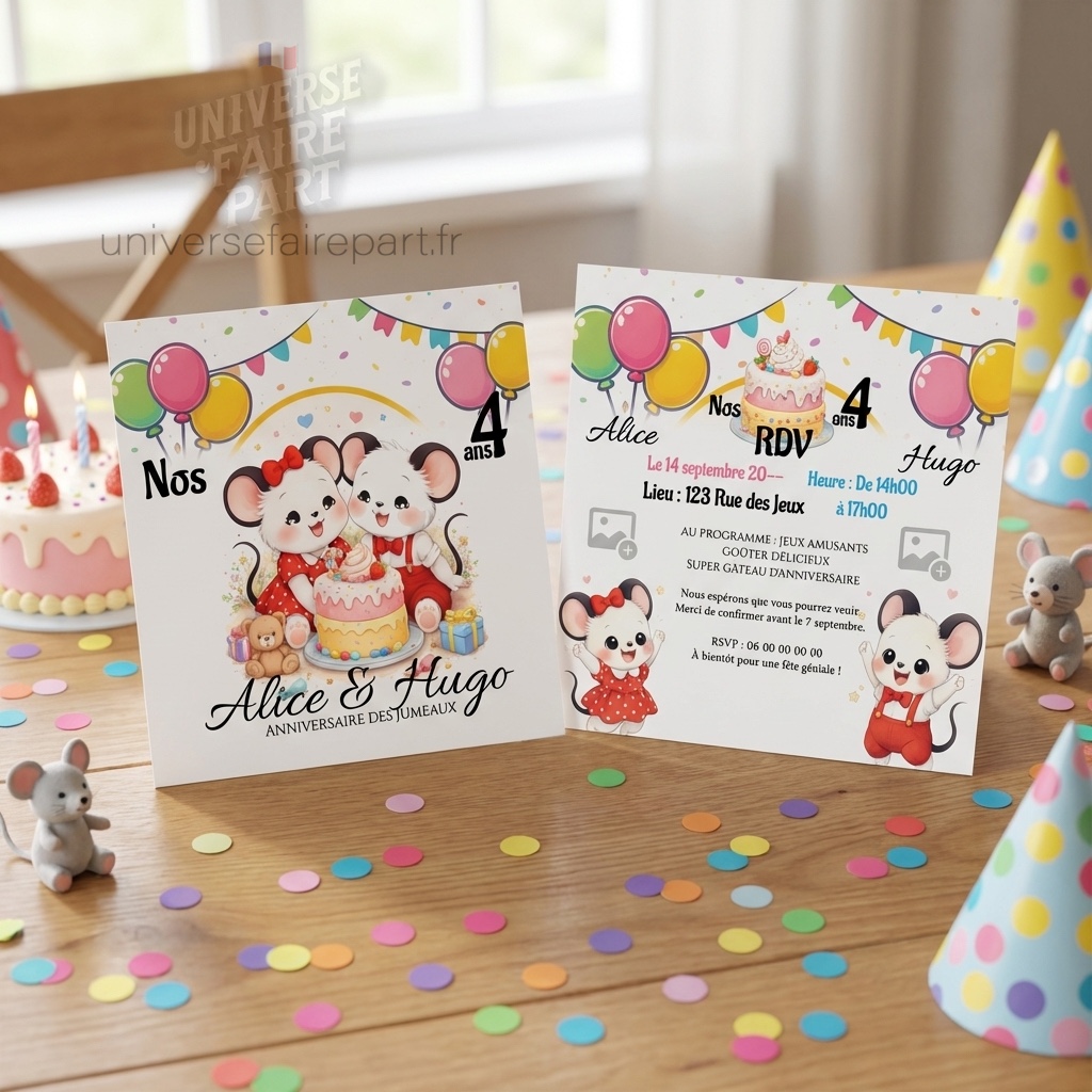 N°563- Faire-part  naissance ou anniversaire pour jumeaux mickey & Minnie baby