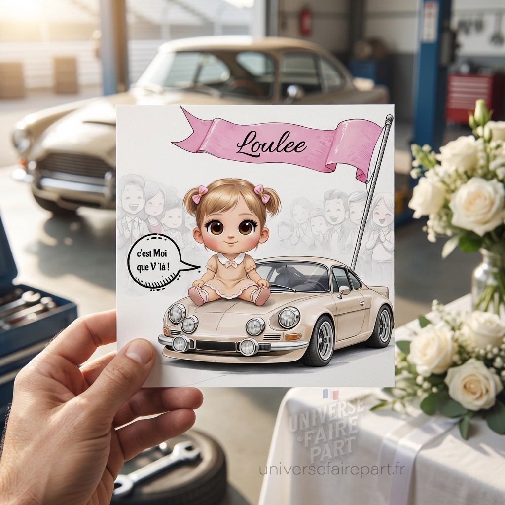 N°52 – Faire-part Boss Baby fille et sa voiture annoncent une nouvelle