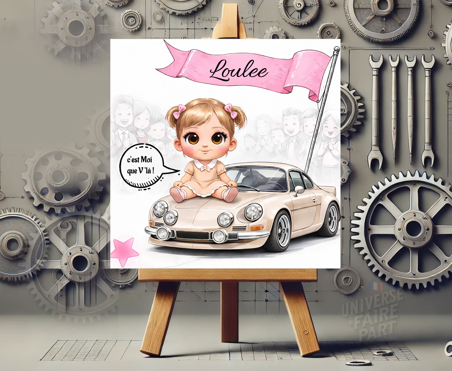 N°52 – Faire-part Boss Baby fille et sa voiture annoncent une nouvelle