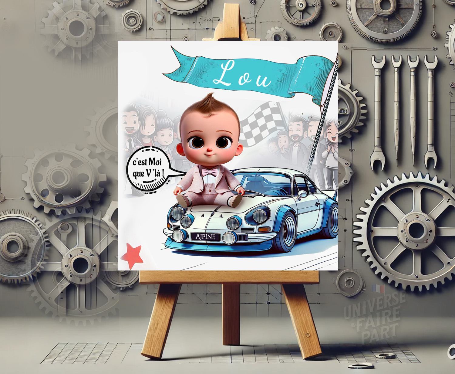 N°52 - Faire-part Boss Baby fille et sa voiture annoncent une nouvelle