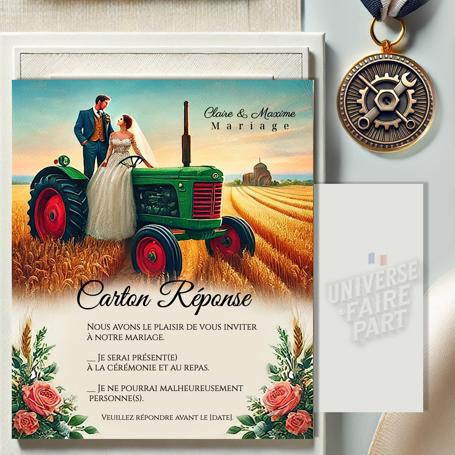 N°570.1 - Carton réponse Mariage Champêtre Tracteur et agriculteurs