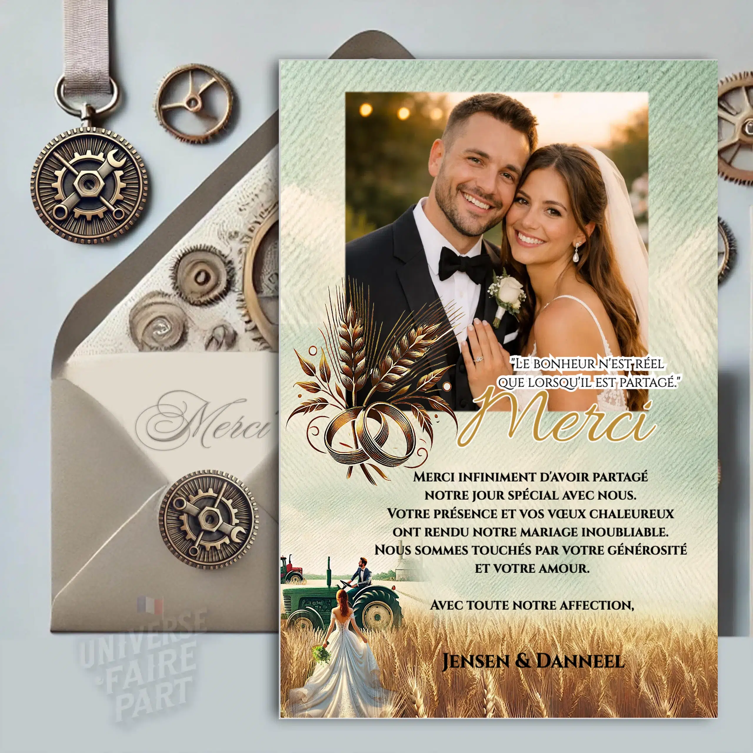 N°571.1 – Carte remerciement Mariage Agriculteur l&rsquo;amour est dans le pré