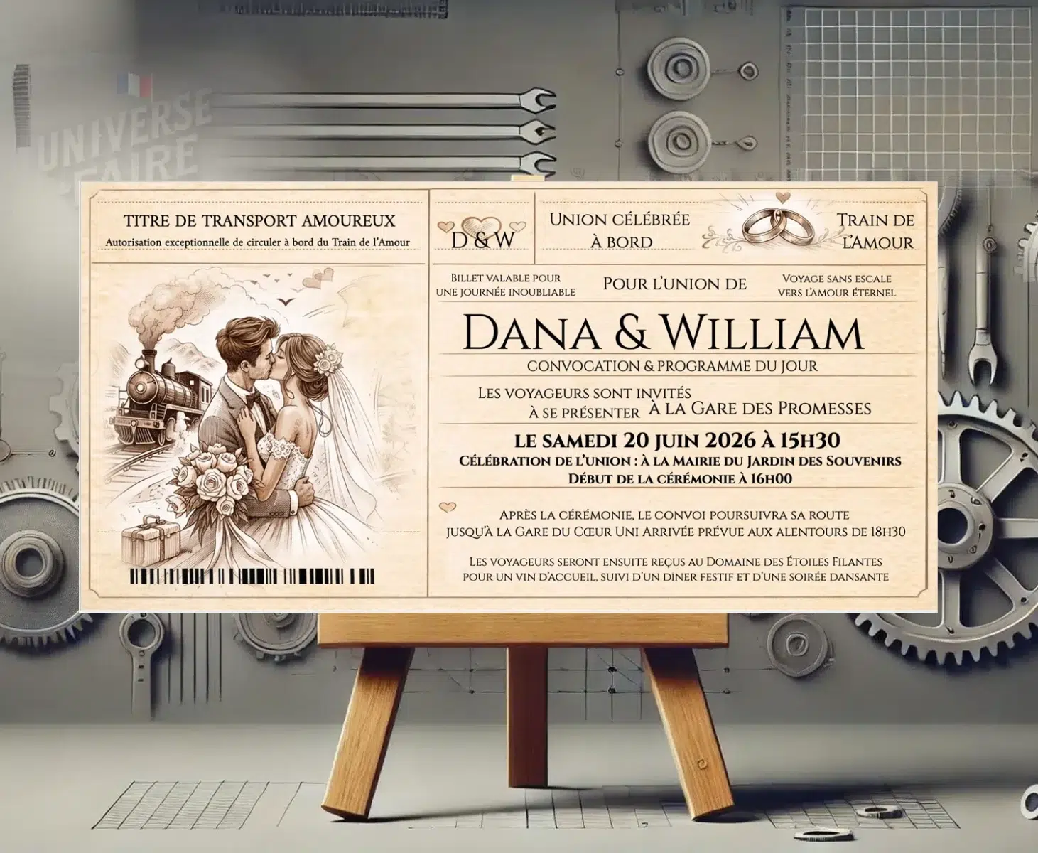 N°572 – Faire-part Embarquement pour Toujours billet de train mariage