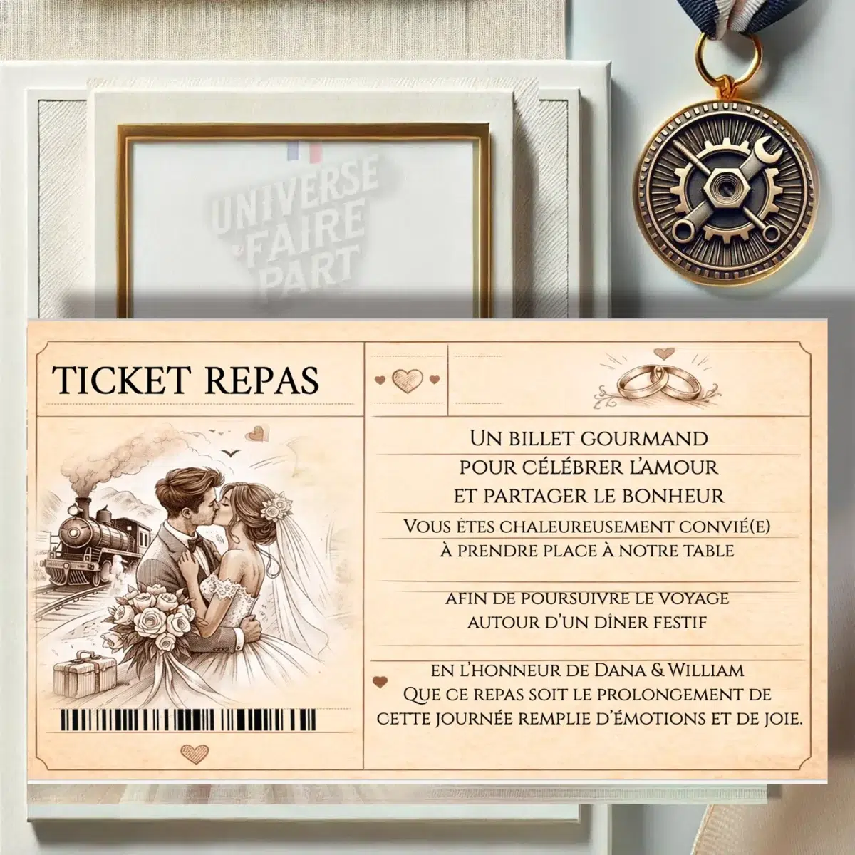 N°572.1 – Carton repas Embarquement pour Toujours billet de train mariage